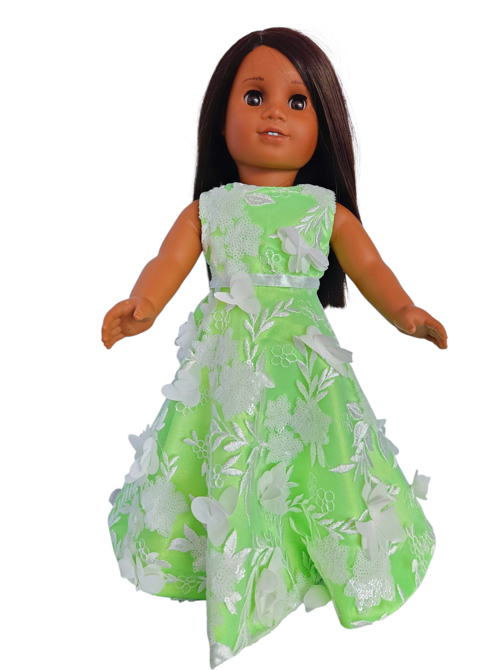 Neon Green/White 3D Petals and Sequin Gown with Boa/handmade/AG doll/18 inch doll - #605
