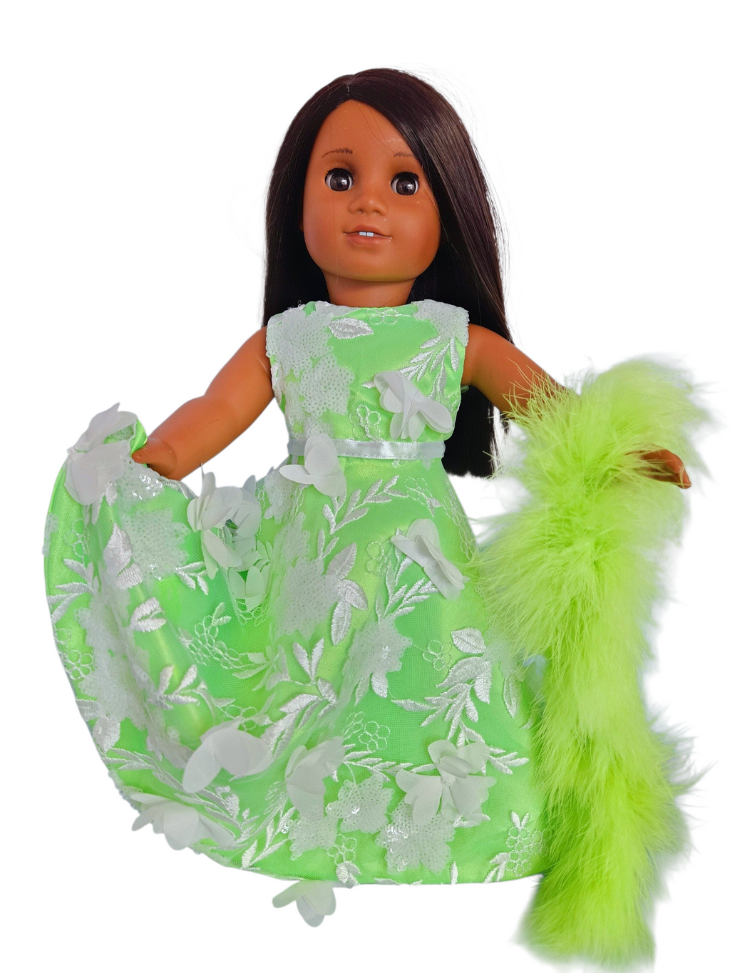 Neon Green/White 3D Petals and Sequin Gown with Boa/handmade/AG doll/18 inch doll - #605