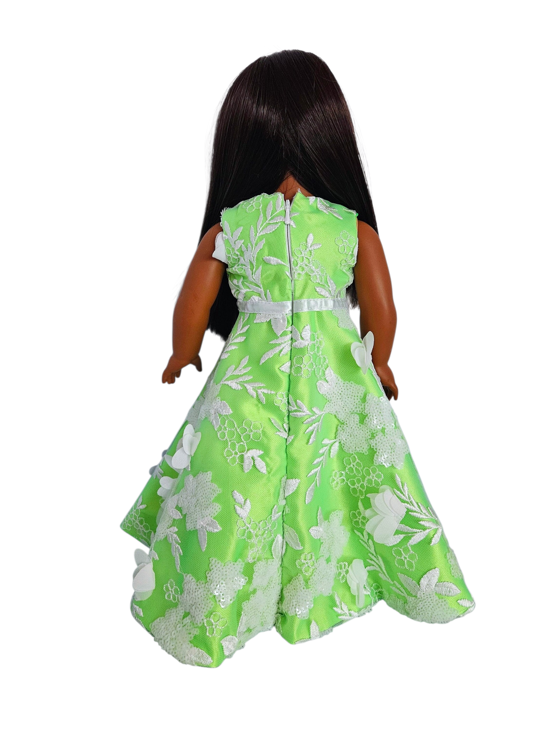 Neon Green/White 3D Petals and Sequin Gown with Boa/handmade/AG doll/18 inch doll - #605