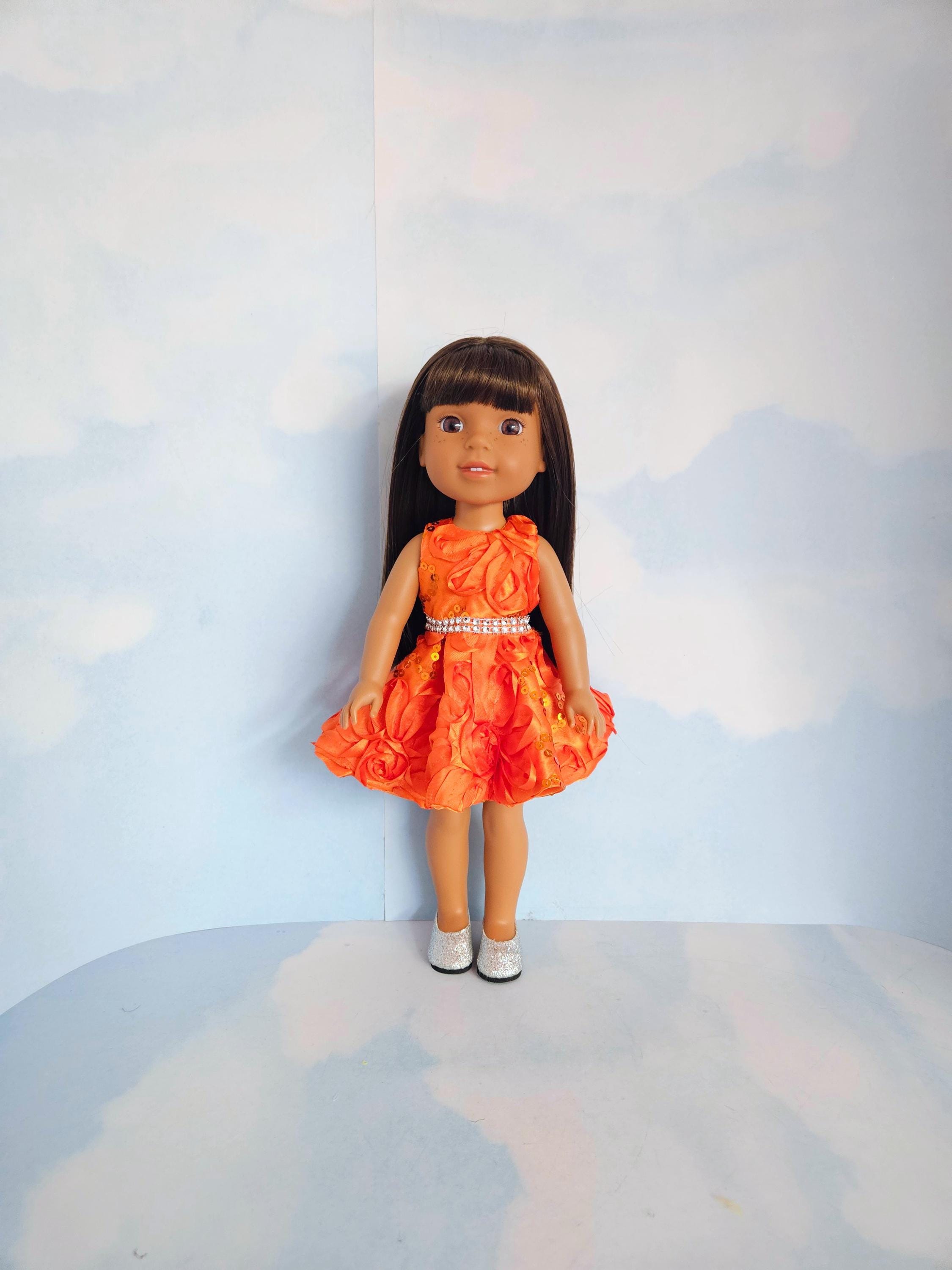 Orange Ribbon Sequin Dress for Wellie Wisher doll/14.5 inch doll/handmade