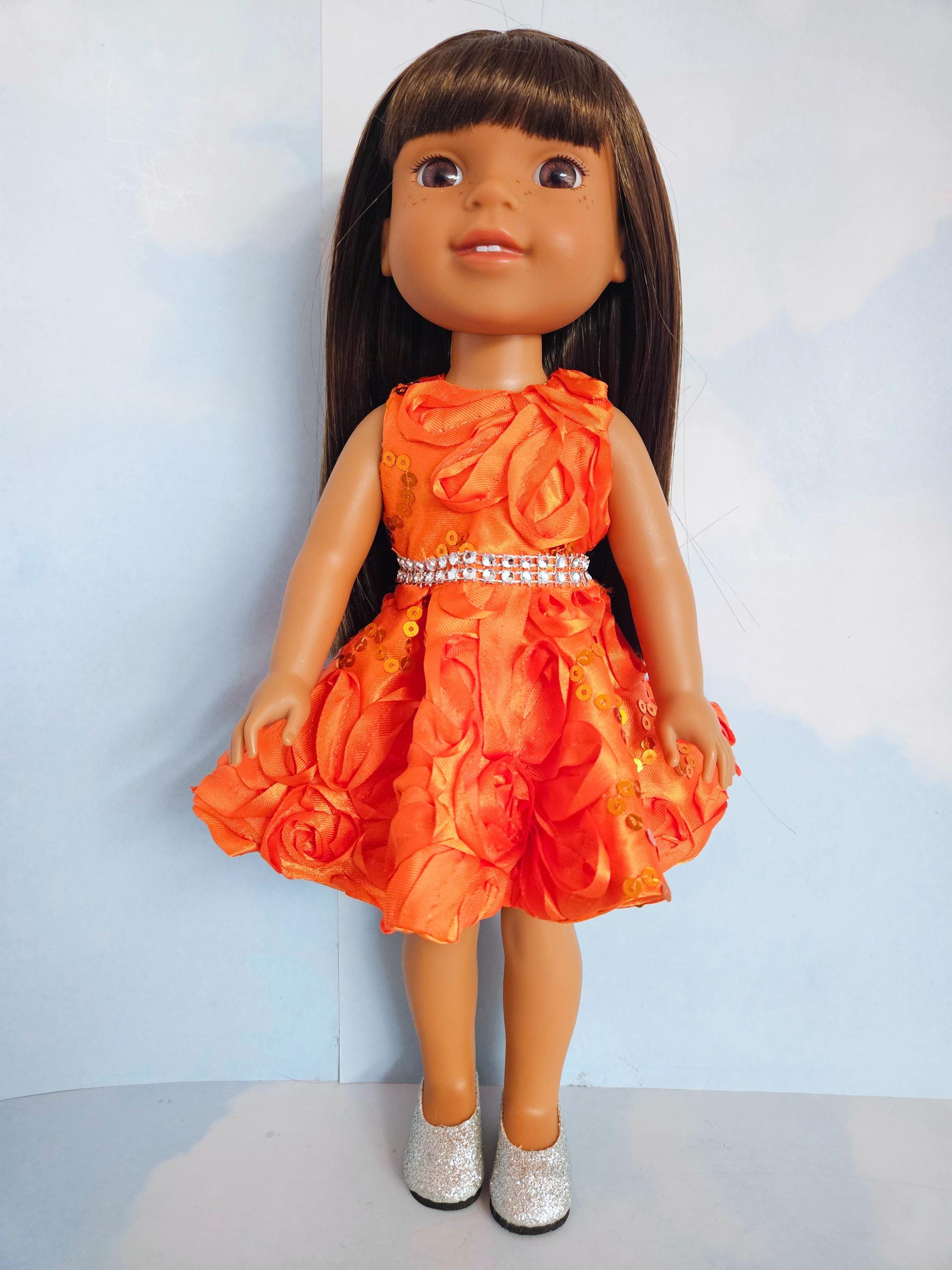Orange Ribbon Sequin Dress for Wellie Wisher doll/14.5 inch doll/handmade