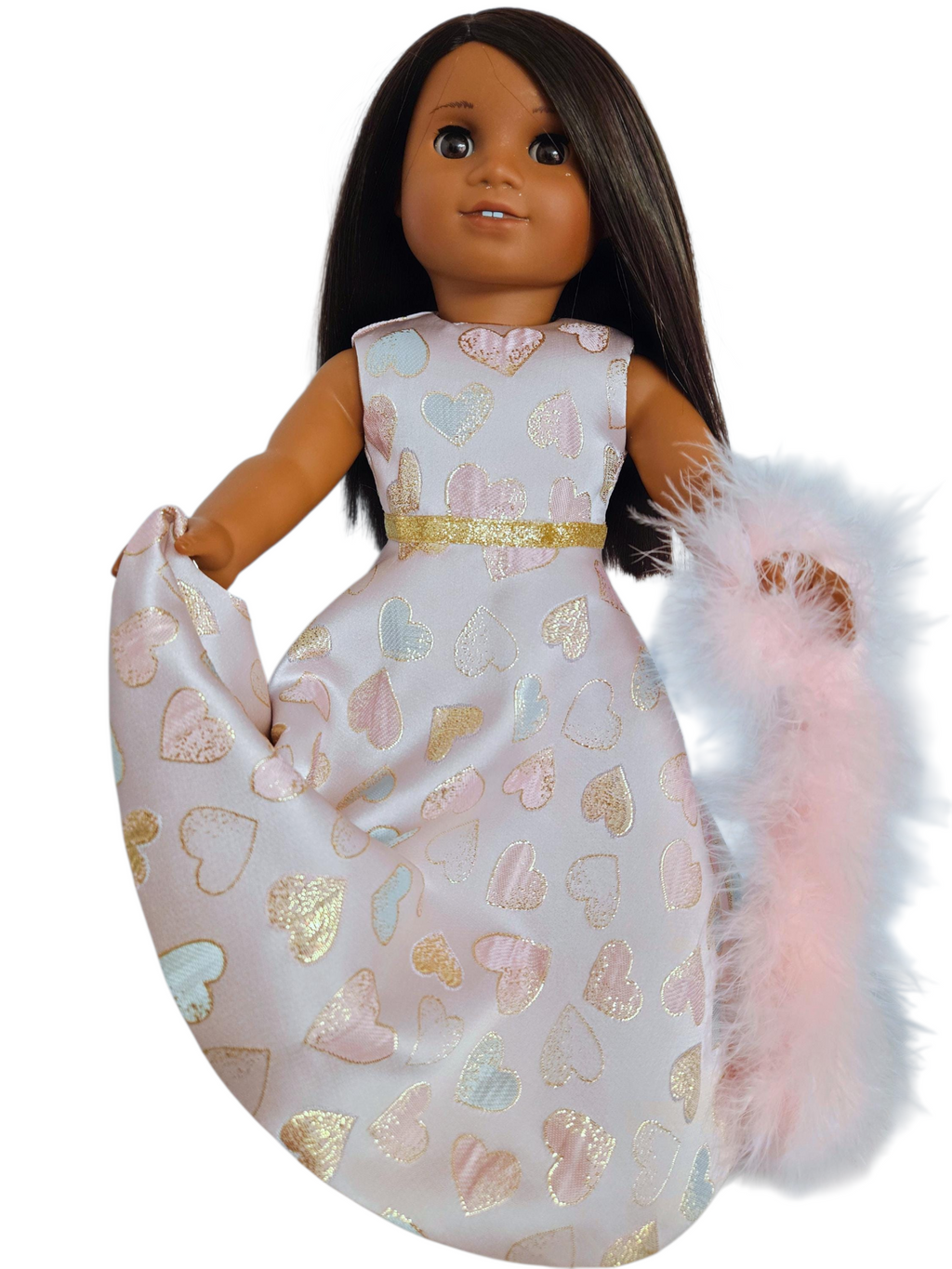 Pastel Hearts Gown and Boa/handmade/AG doll/ 18 inch dolls