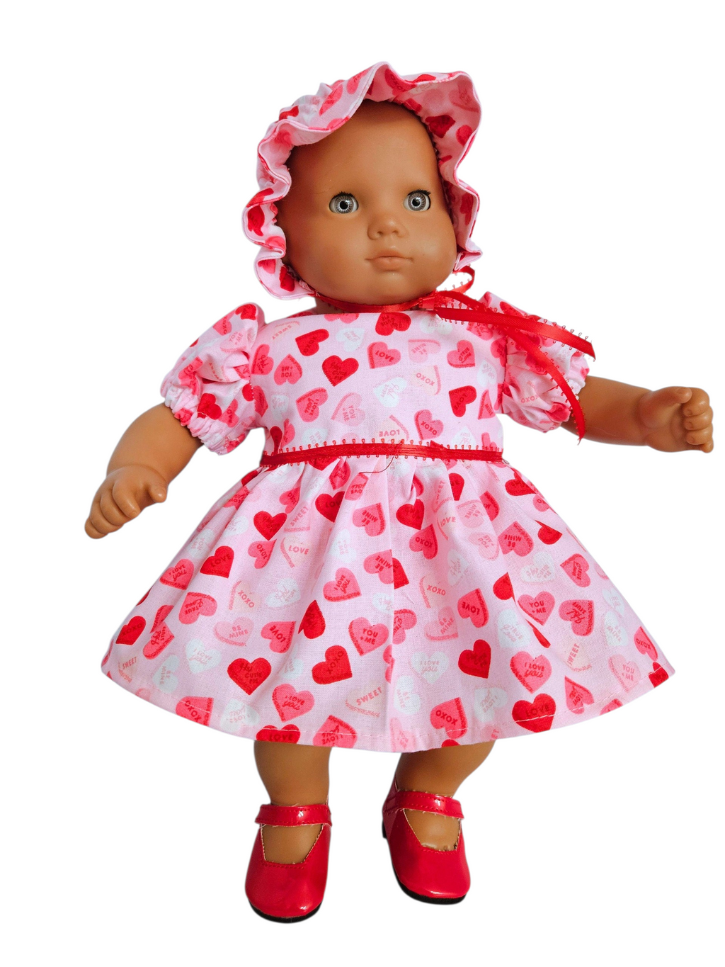 Pink Heart Dress, Bonnet and Panties/handmade/Bitty baby