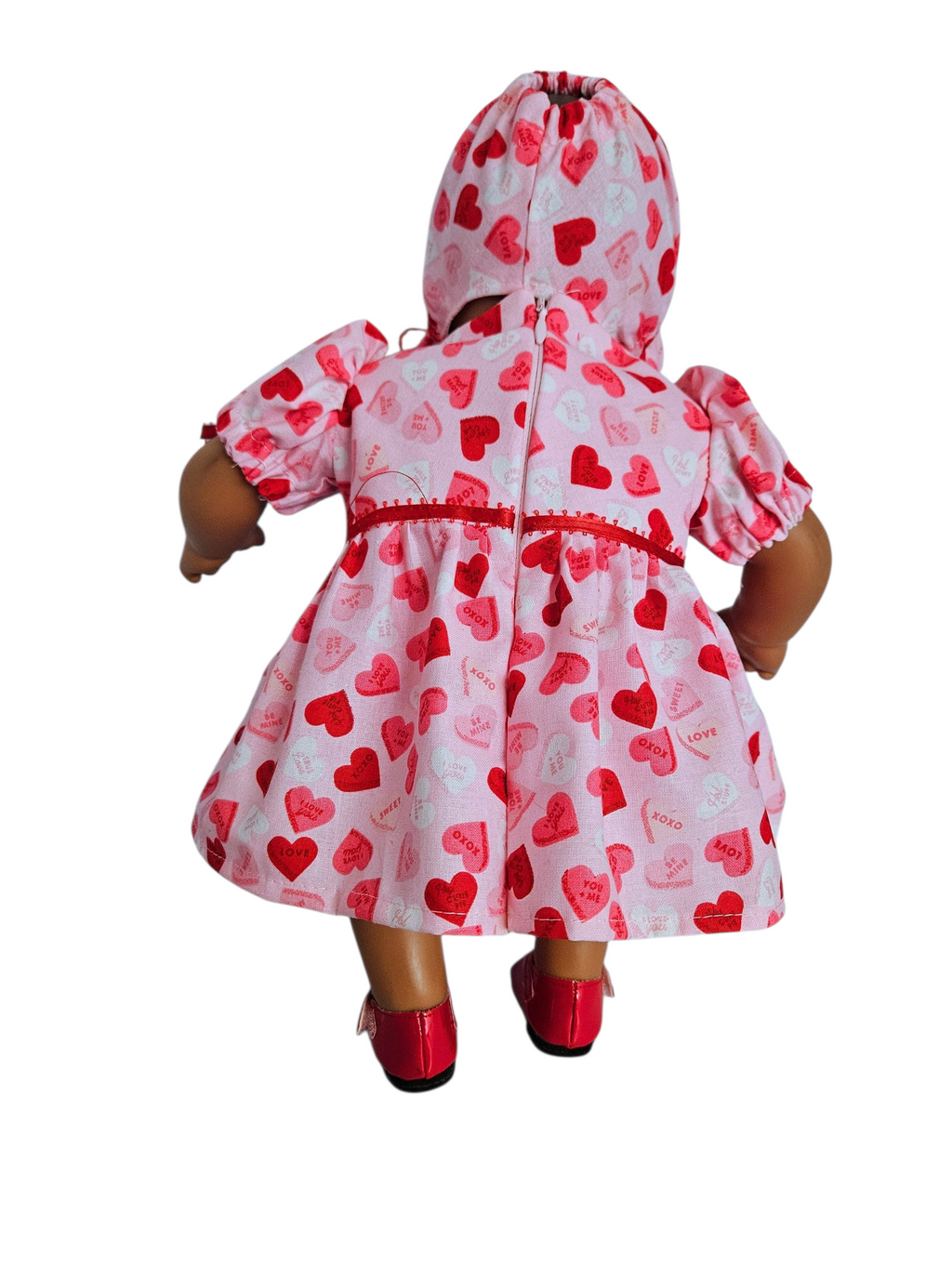 Pink Heart Dress, Bonnet and Panties/handmade/Bitty baby