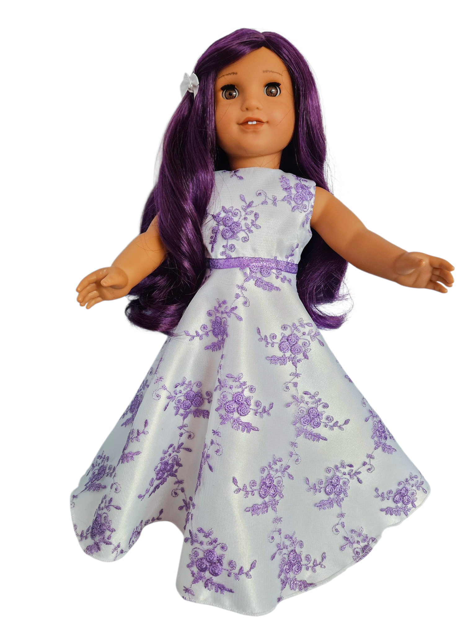 Purple Embroidered Floral Gown and Boa/handmade/AG doll/18 inch doll - #705