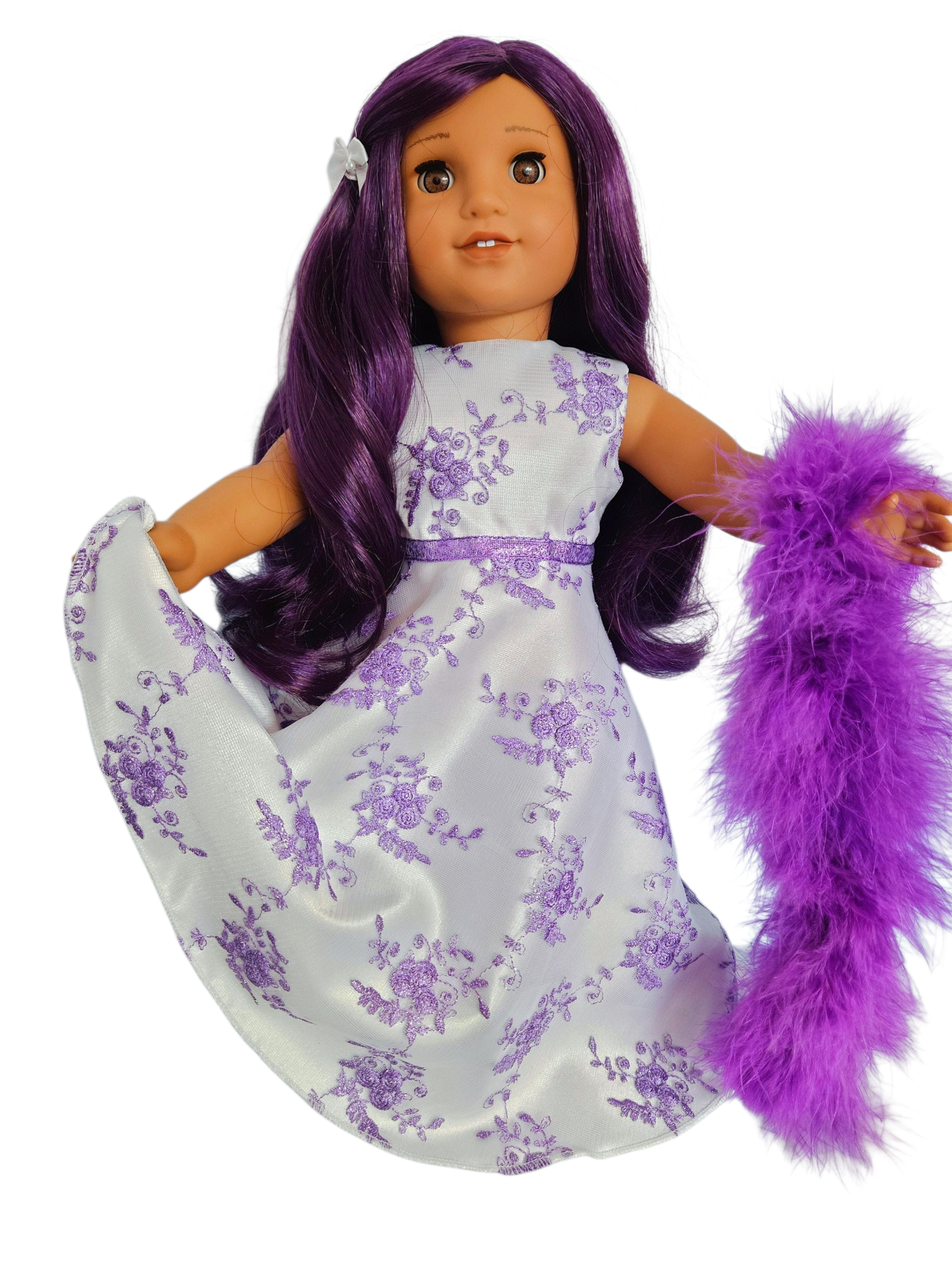 Purple Embroidered Floral Gown and Boa/handmade/AG doll/18 inch doll - #705