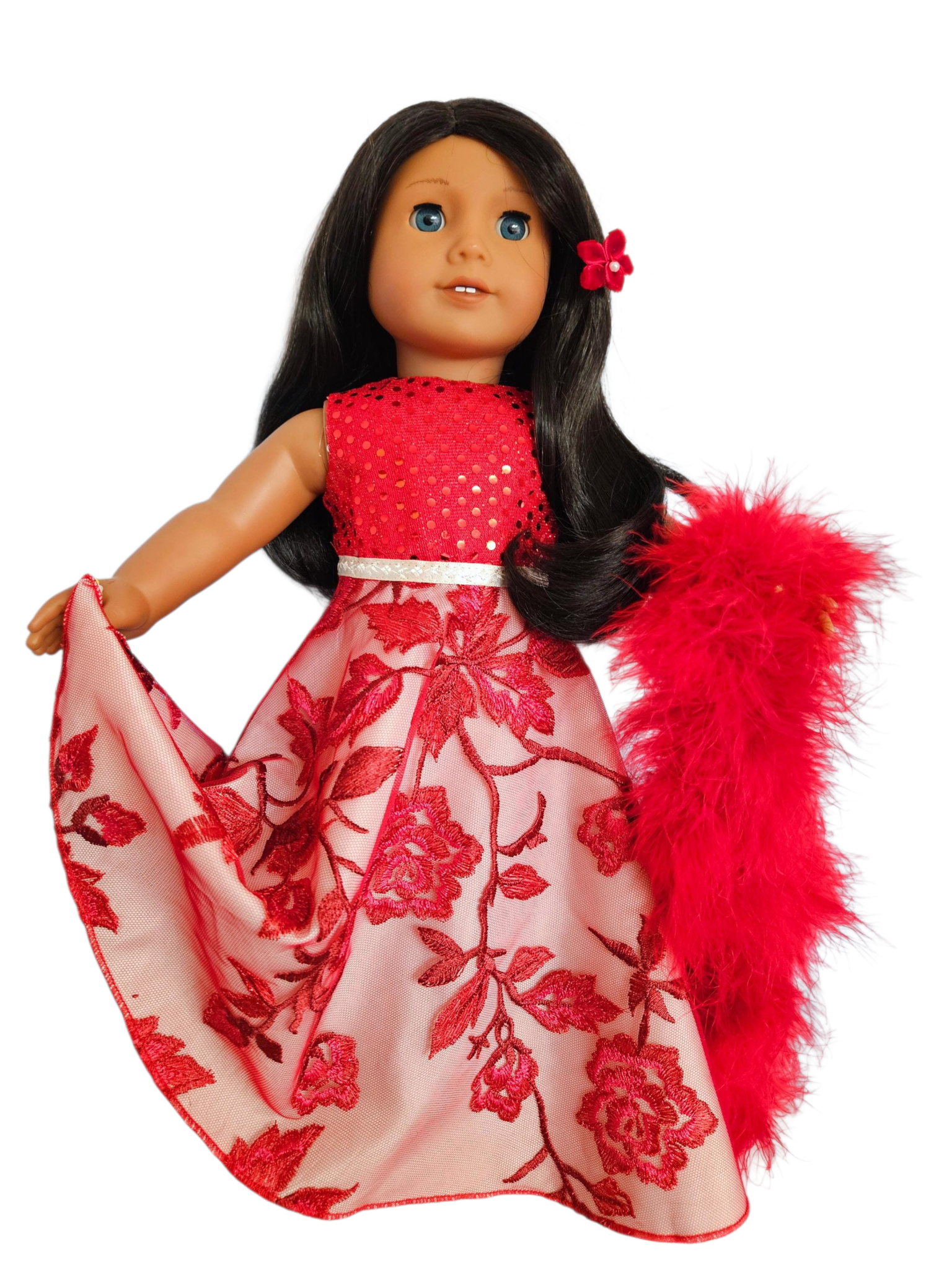 Red Embroidered Sequin Gown and Boa/handmade/AG doll/18 inch doll - #301