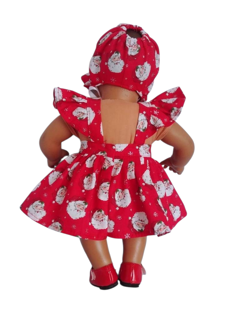 Red Santa Claus Dress, Panties and Bonnet/handmade/Bitty baby