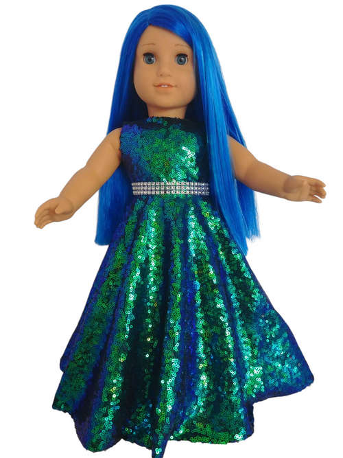 18 inch doll Blue Green Sequin Gown & Boa #506