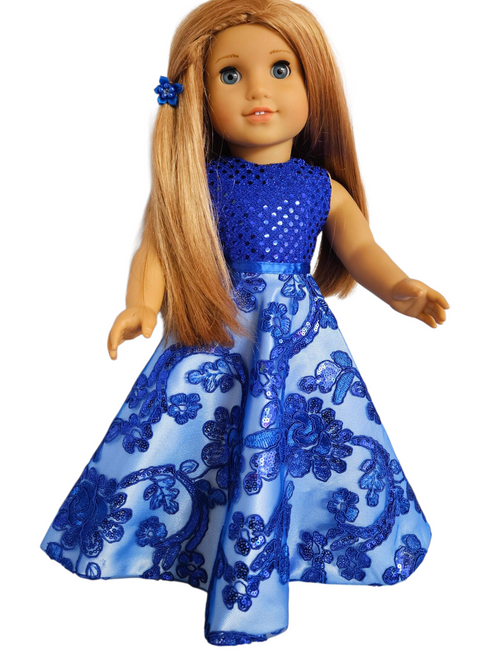 18 inch doll Blue Floral Sequin Gown and Boa #515