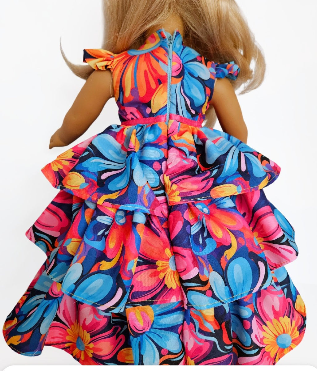 18 inch doll Bright Floral Ruffled Gown