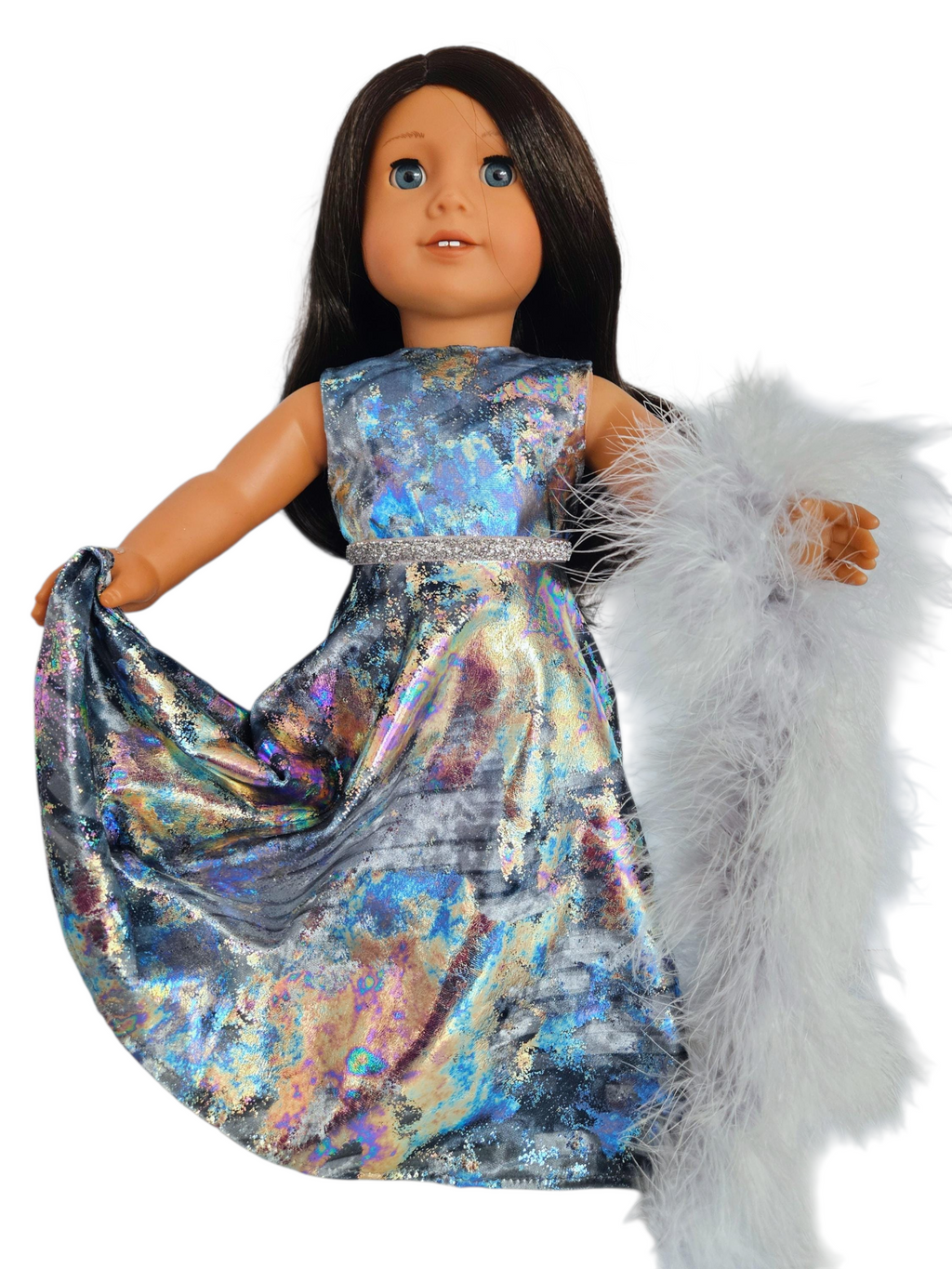 Silver Metallic Velvet Gown and Boa/handmade/AG doll/18 inch doll - #802