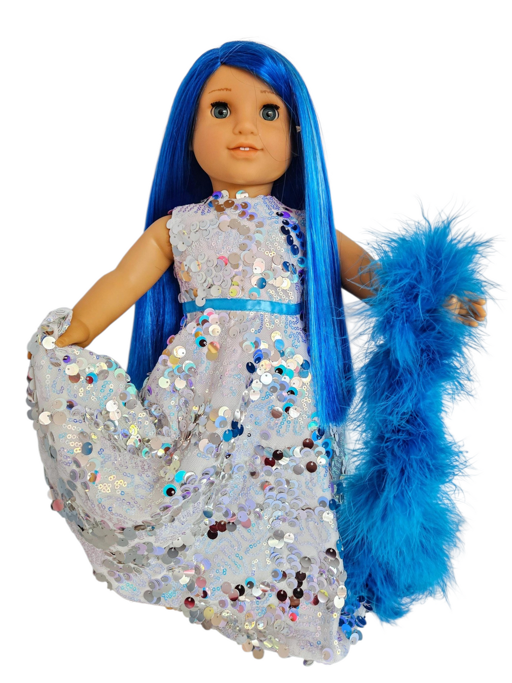 Silver Sequin Gown and Boa/handmade/AG doll/18 inch doll- Last One!