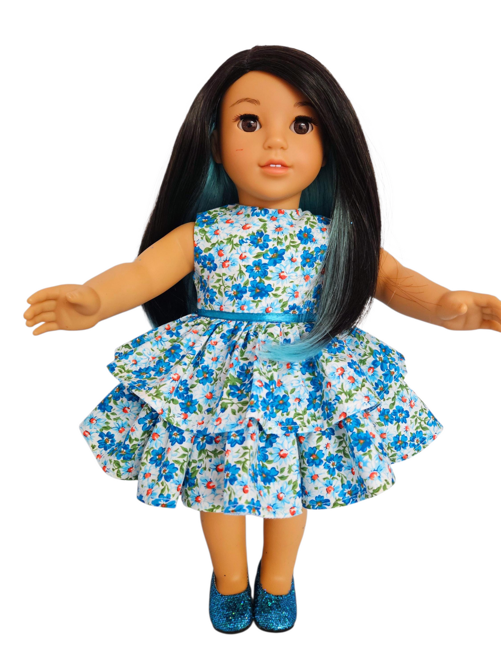 Turquouse Floral Ruffled Dress/handmade/18 inch doll/AG doll