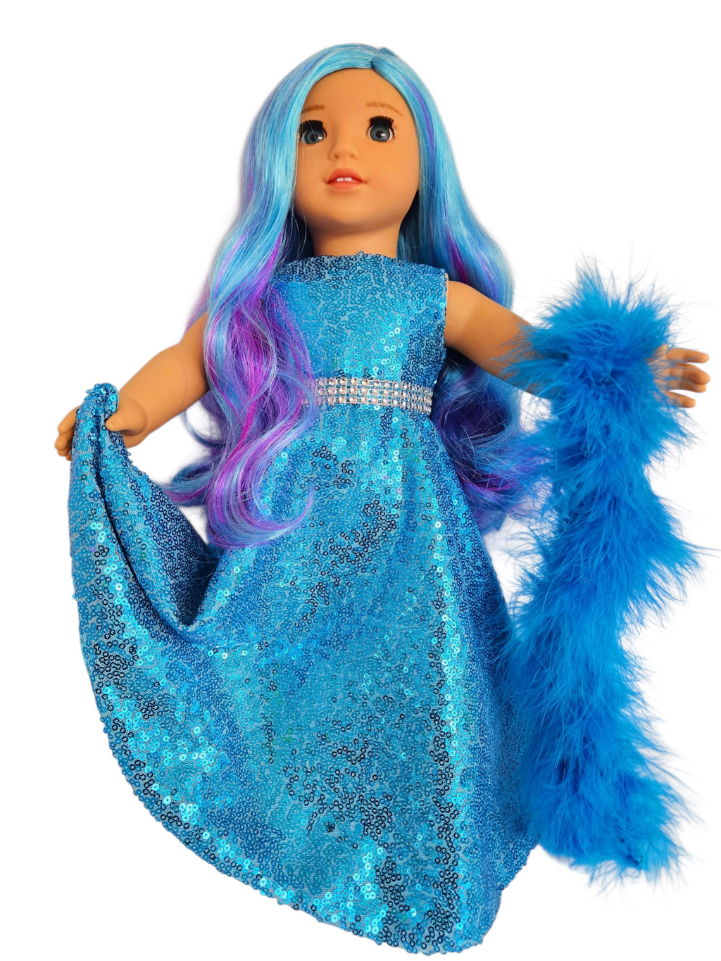 Turquouse Sequin Gown and Boa/handmade/AG doll/18 inch doll - #514
