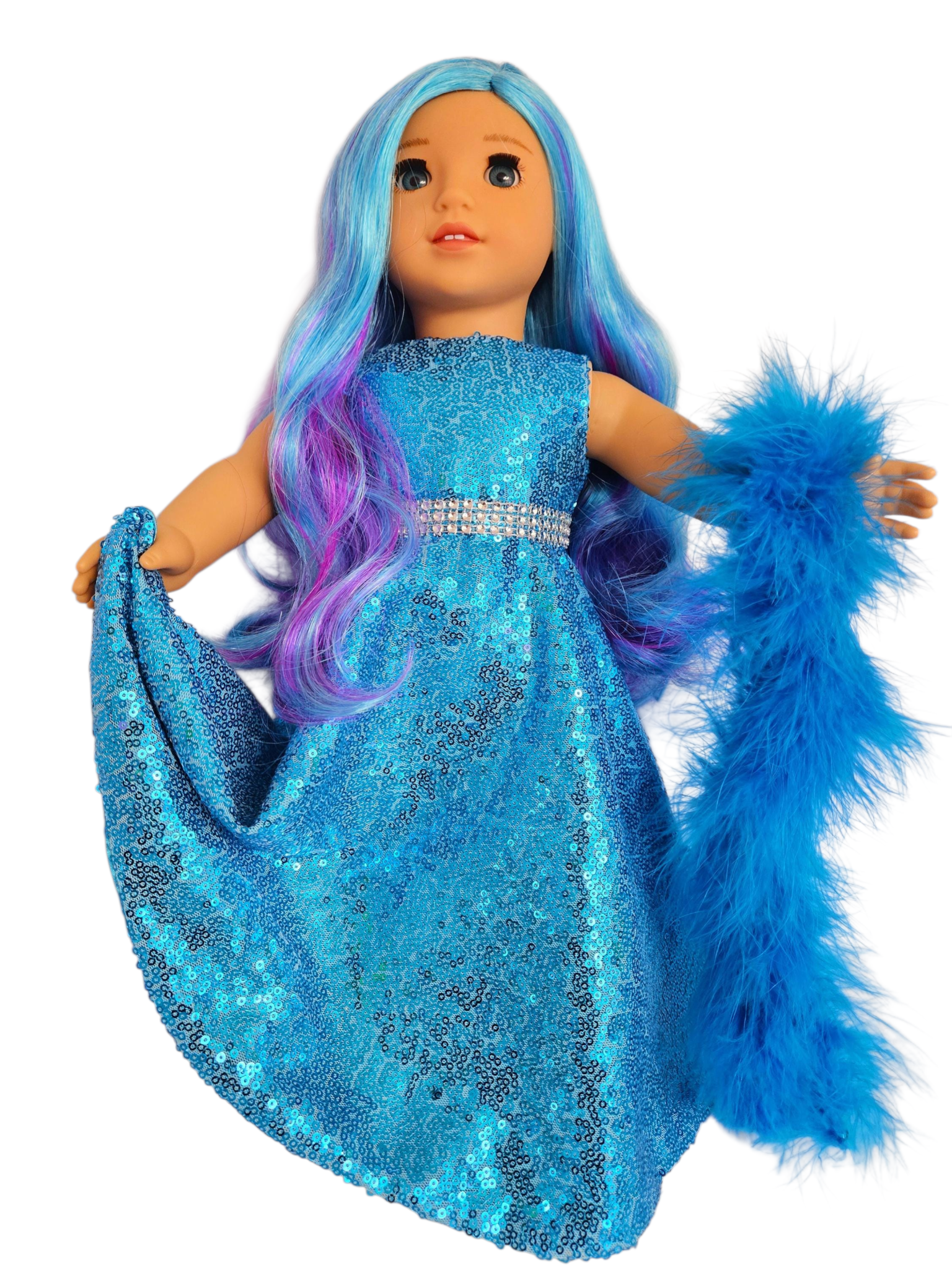 Turquouse Sequin Gown and Boa/handmade/AG doll/18 inch doll - #514