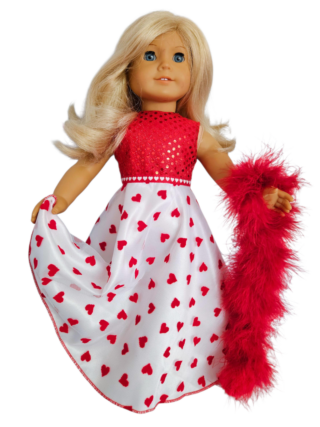 Valentine Hearts Sequin Gown and Boa/handmade/AG doll/18 inch doll