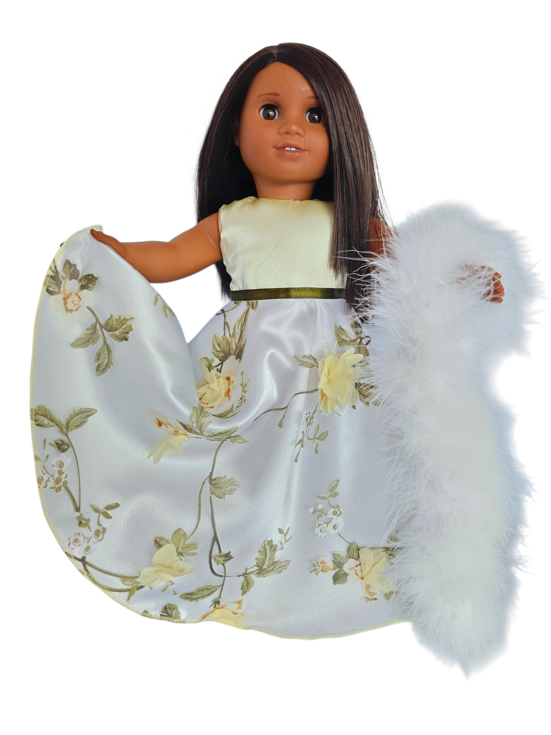Yellow/White 3D Floral Gown and Boa/handmade/AG doll/18 inch doll - # 604