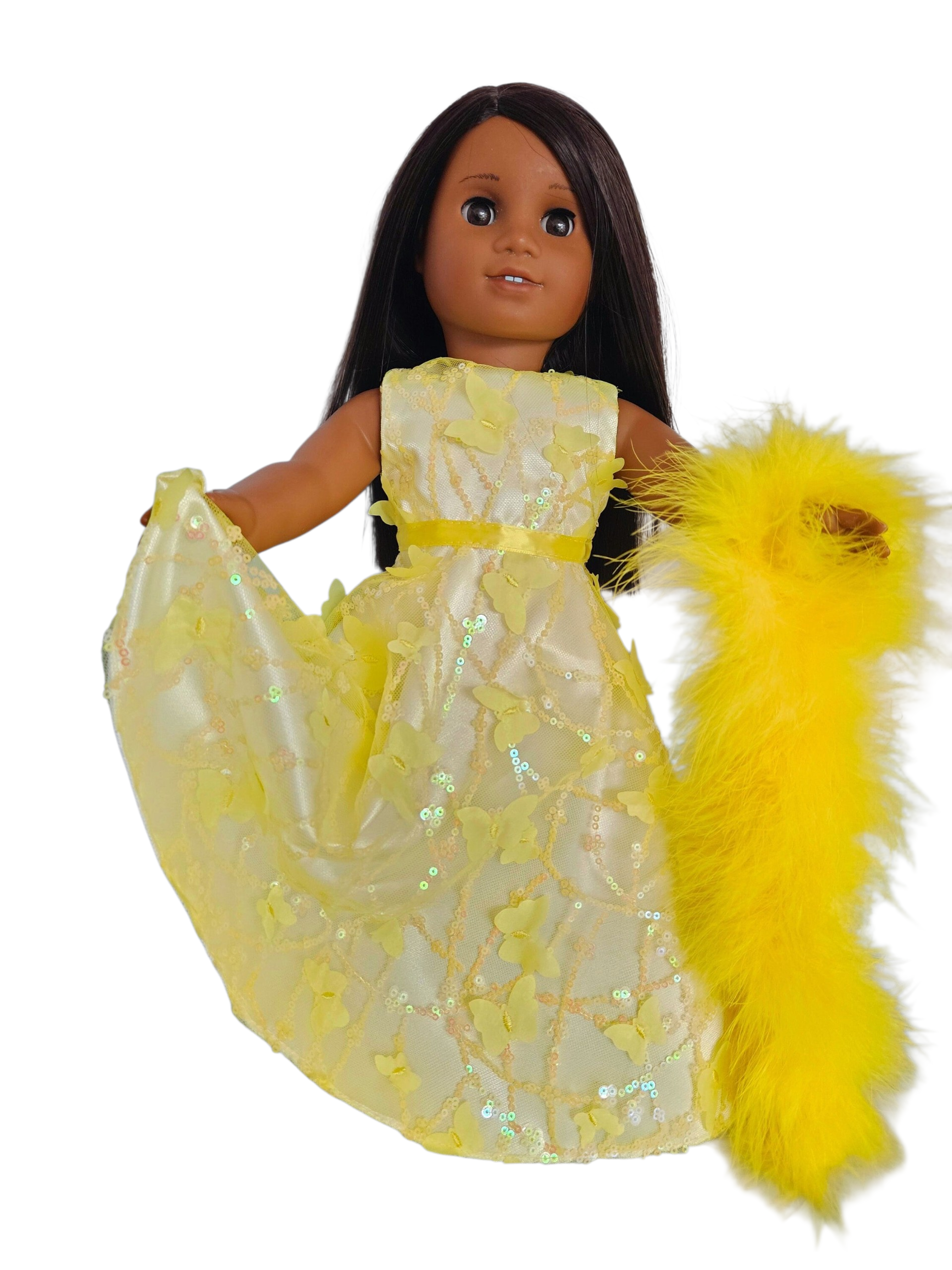 Yellow 3D Butterfly Sequin Gown and Boa/handmade/AG dolll/18 inch doll - #607