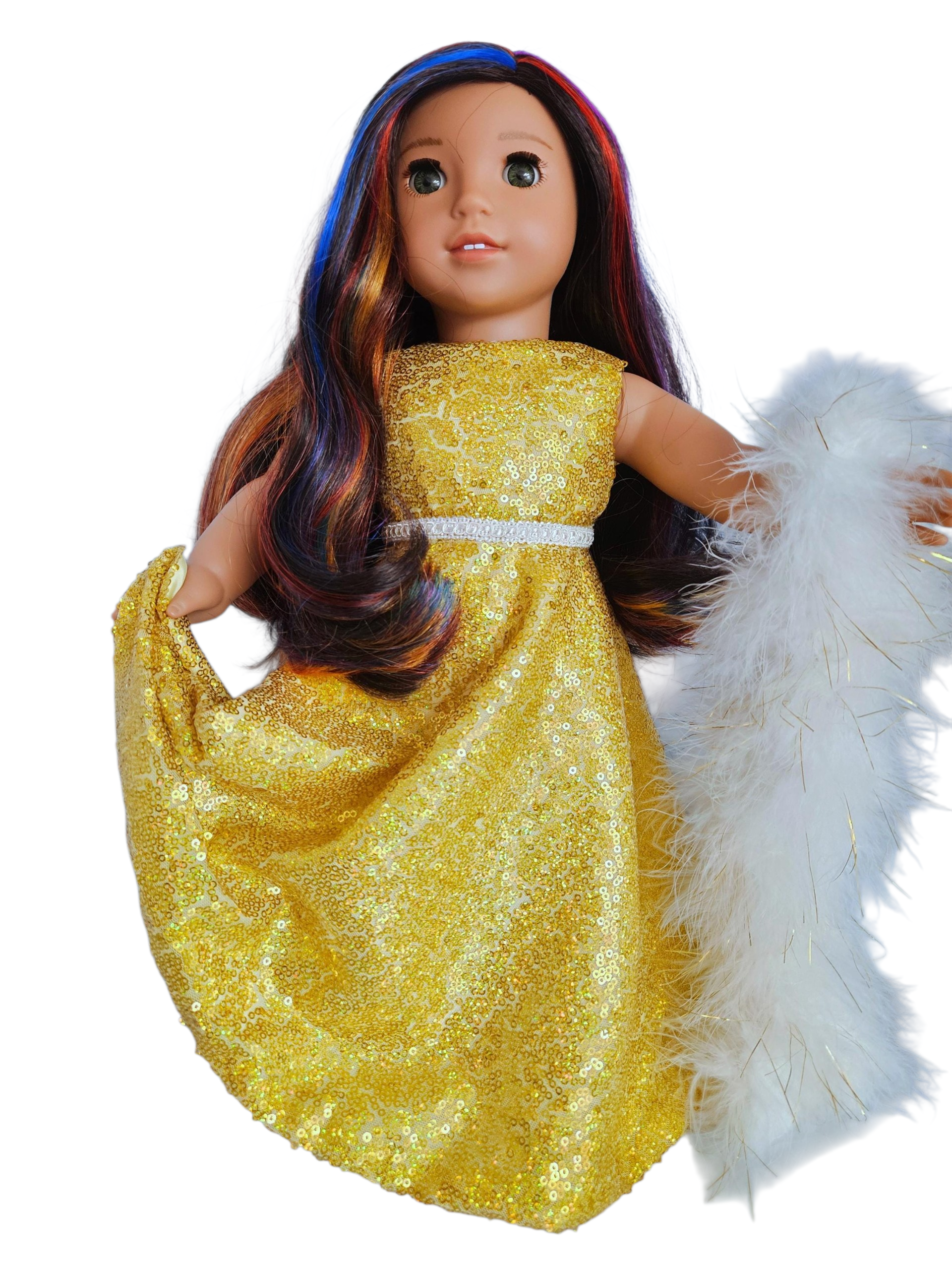 Yellow Gold Iridescent Sequin Gown and Boa/handmade/AG doll/18 inch doll