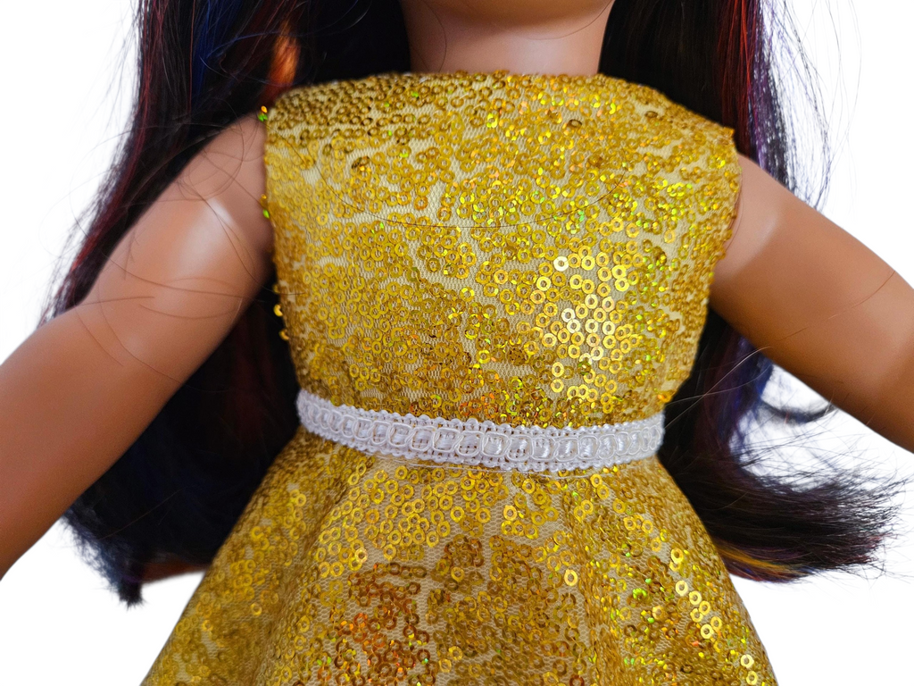 Yellow Gold Iridescent Sequin Gown and Boa/handmade/AG doll/18 inch doll
