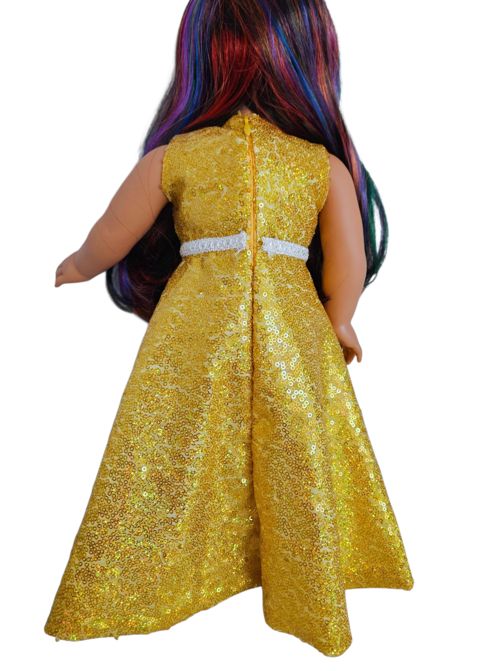 Yellow Gold Iridescent Sequin Gown and Boa/handmade/AG doll/18 inch doll