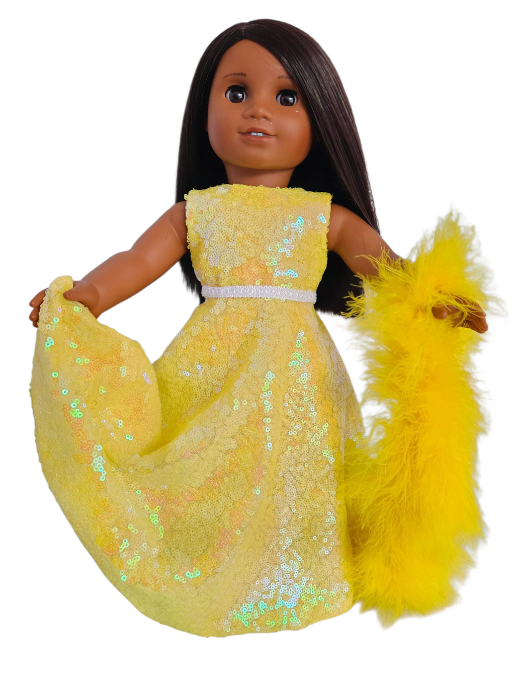 Yellow Iridescent Sequin Gown and Boa/handmade/AG doll/18 inch doll